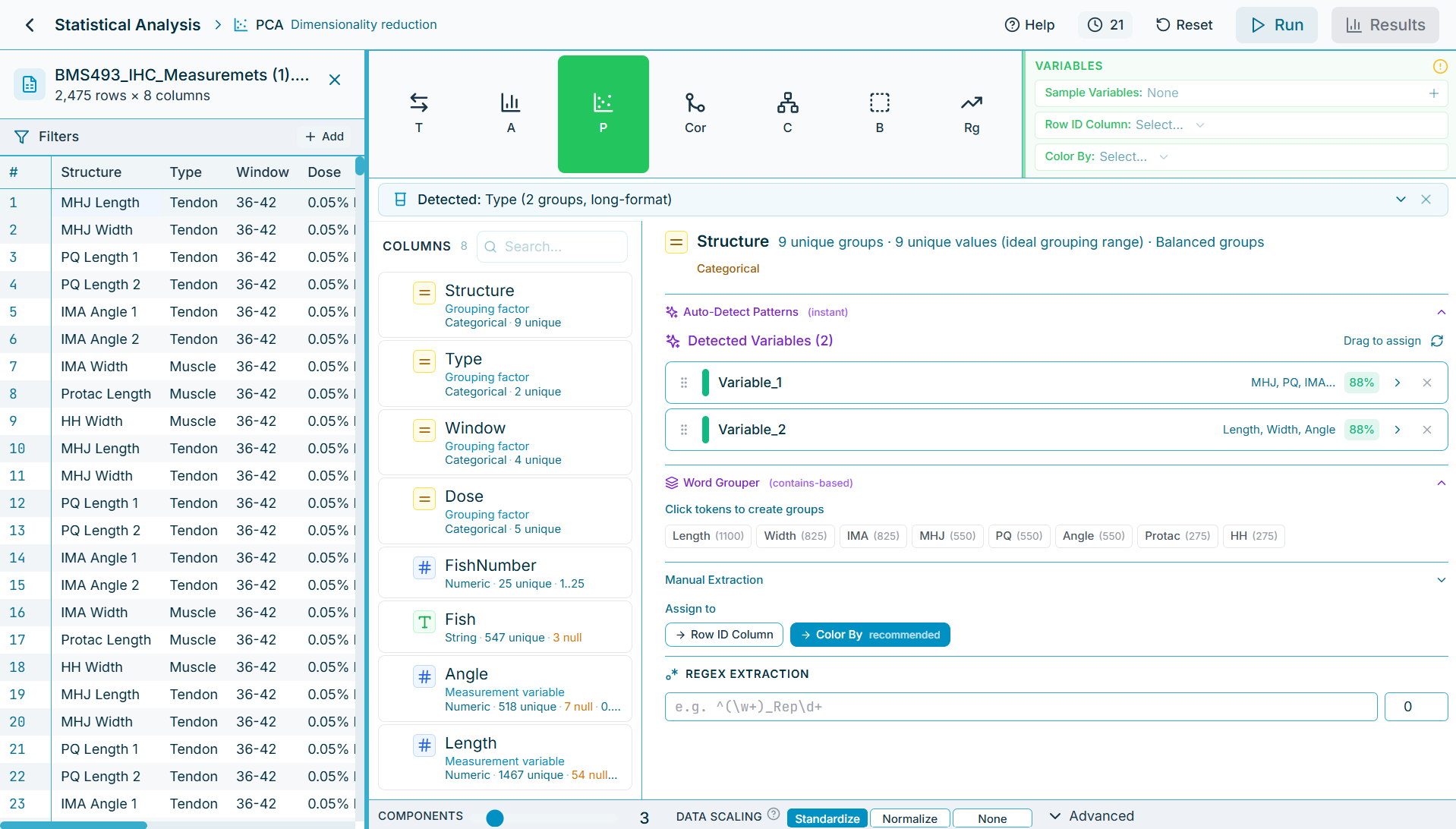 Statistical analysis with auto-detected tests