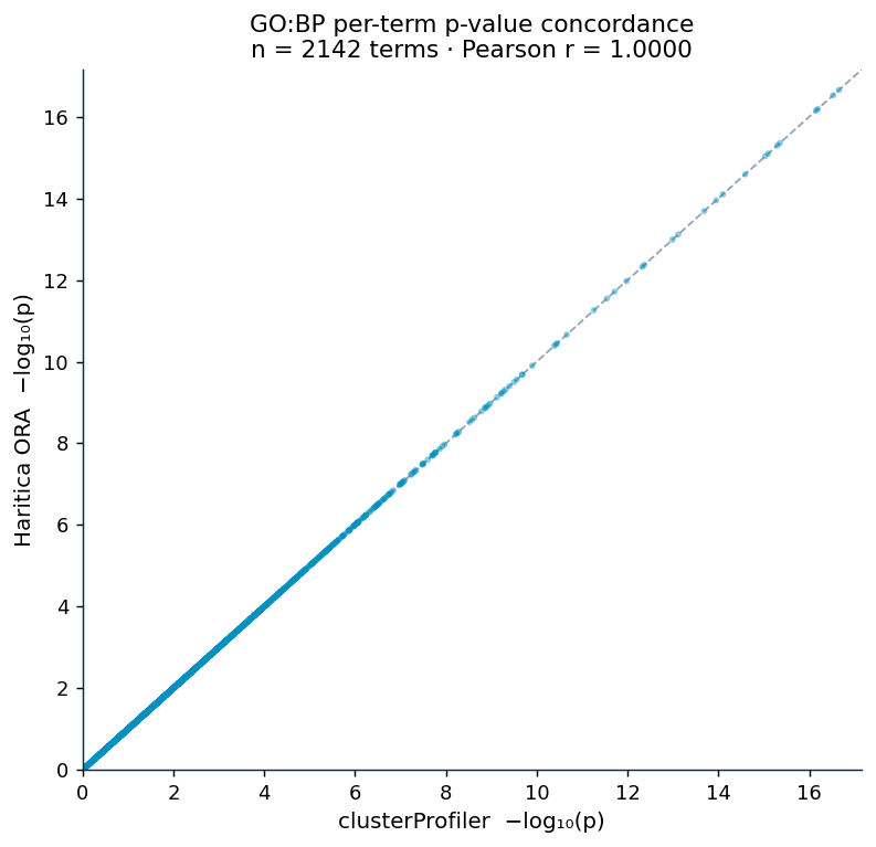 Per-term GO:BP p-value concordance scatter; points fall on the identity line