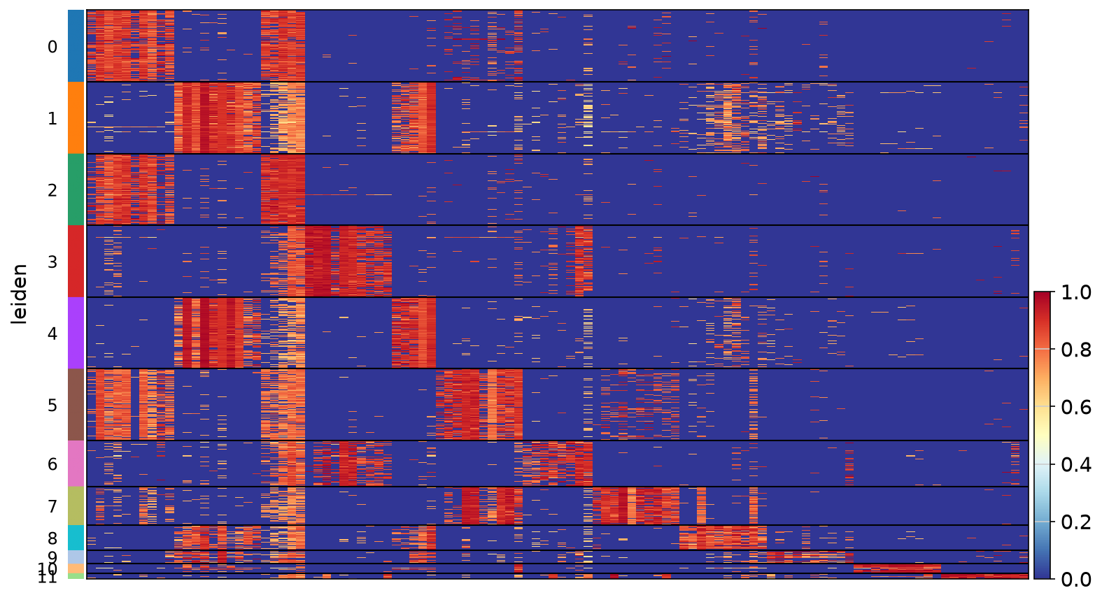 Haritica app marker heatmap: per-Leiden-cluster top genes, block-diagonal z-score structure